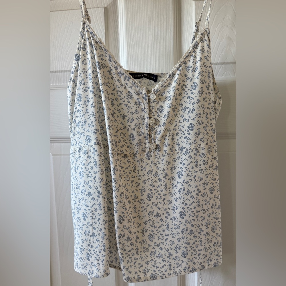 Brandy Melville White and Blue Floral Tank Top